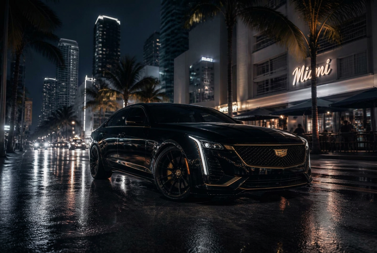 Black Cadillac CT5 sedan on a vibrant downtown Miami street at night
