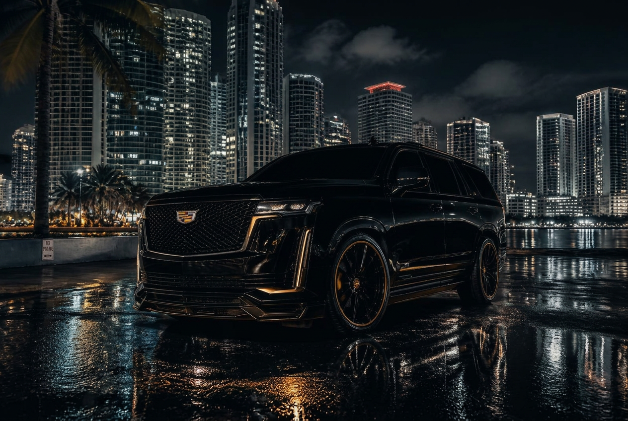 Black Cadillac Escalade SUV in downtown Miami at night